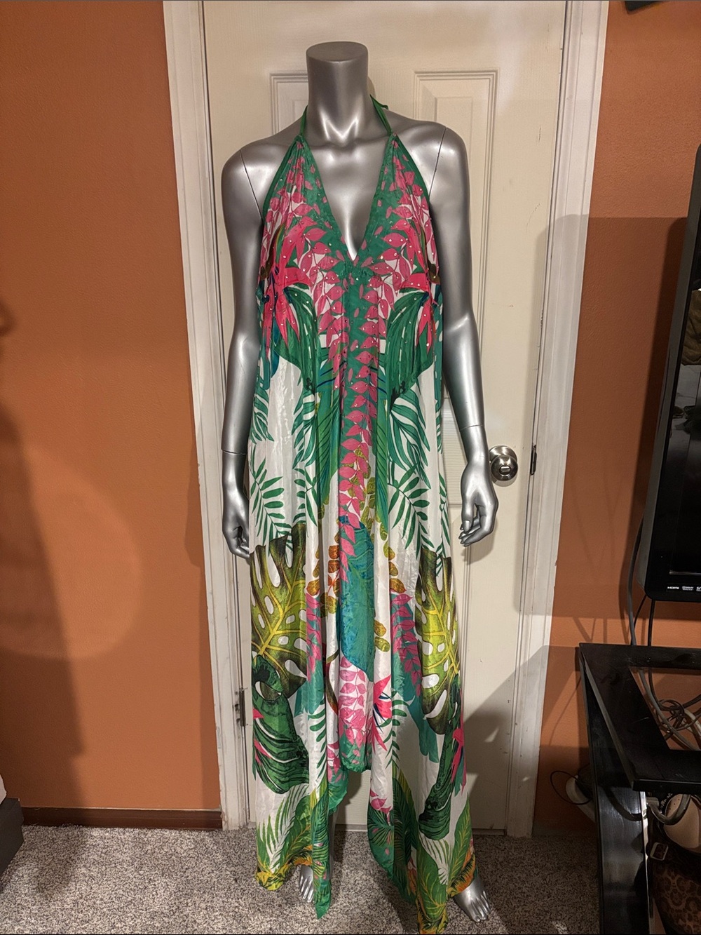 Tropical Halter Maxi Dress in Pink & Green